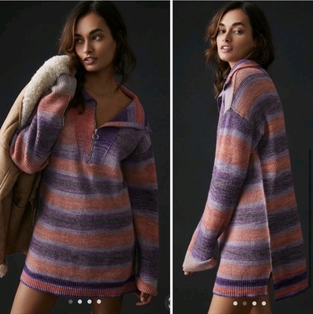 Anthropologie Daily Practice Franconia Half Zip Knit Tunic Sweater Pink Purple S